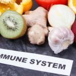 Inscription immune system with fruits and vegetables. Source vitamins, minerals and dietary fiber