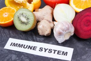 Inscription immune system with fruits and vegetables. Source vitamins, minerals and dietary fiber