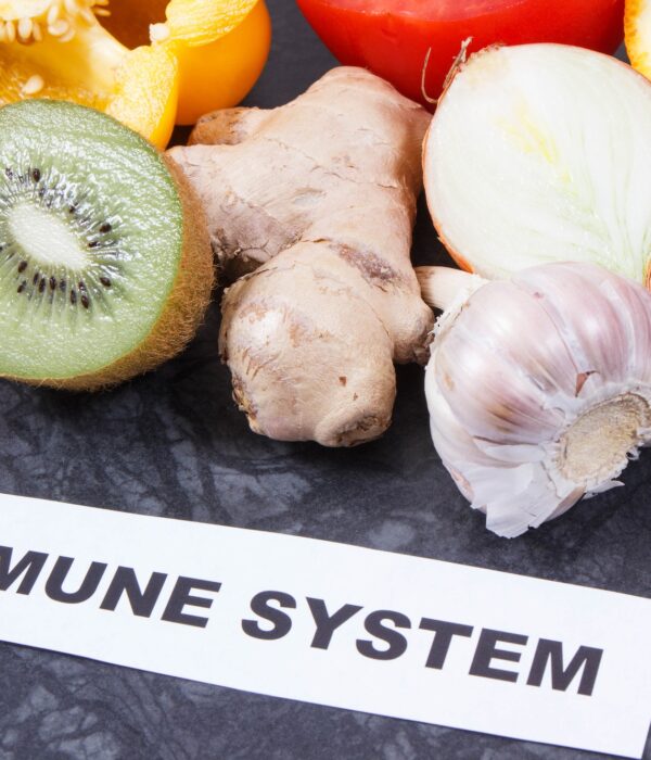 Inscription immune system with fruits and vegetables. Source vitamins, minerals and dietary fiber